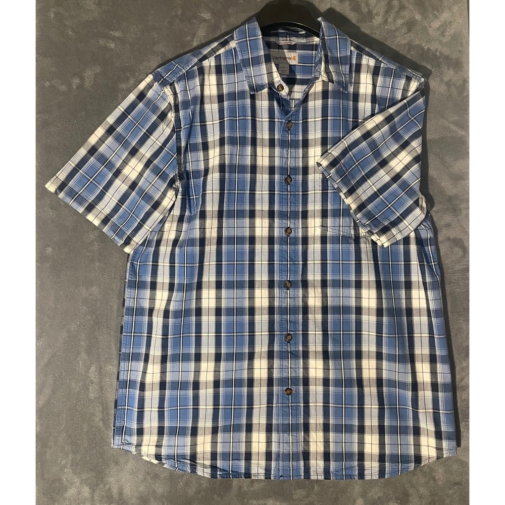Carhartt Mens Relaxed Fit Plaid Short Sleeve Button Down Shirt Blue 103004 L